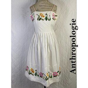 Anthropologie White Floral Embroidered Dress By Elevenses